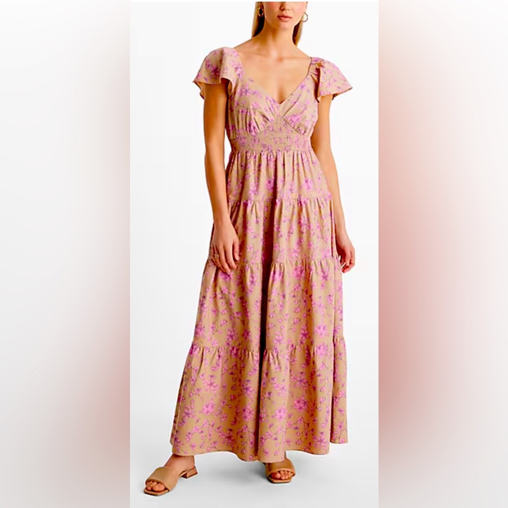 Floral V-Neck Flutter Sleeve Tiered Poplin Maxi Dress Size Medium